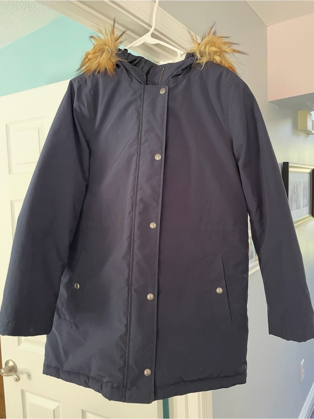 J. Crew Factory Faux Fur Trim Women's Navy Hooded winter Parka Coat AG513